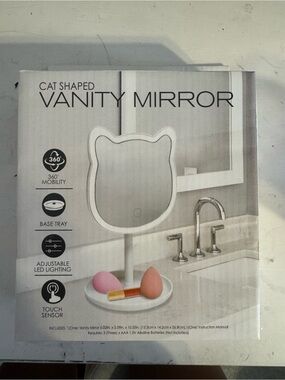 Cat-Shaped LED Vanity Mirror with Touch Sensor - White